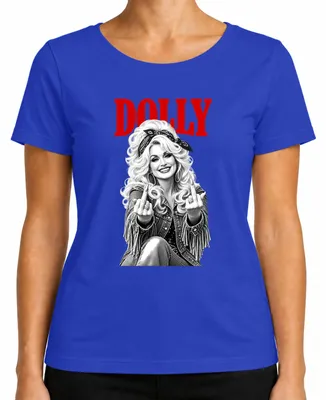 Productafbeelding van Dolly Parton, countrymuziek, middelvinger, rockabilly, retro, zangeres, dames T-shirt, blauw, maat S