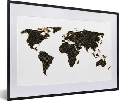 Produktbild von MuchoWow® Gerahmtes Poster Weltkarte - Schwarz - Gold - Kinder - Jungen - Mädchen 60x40 cm - Poster mit Schwarzem Bilderrahmen Wandposter Rahmen Foto Bilder - Schlafzimmer - Plakat in Rahmen - Drucken