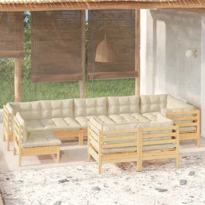 Produktbild von Möbel 9-tlg. Garten-Lounge-Set mit Creme Kissen Massivholz Kiefer - Gartenmöbelgarnituren 3096526