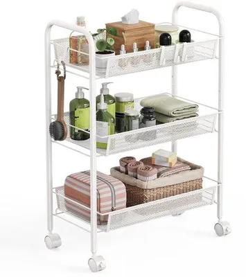 Image de Étagère à trois niveaux sur roues, avec une structure métallique robuste, idéale pour la cuisine et la salle de bain