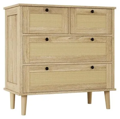 Produktbild von Kommode 4 Schubladen Rattan Holzbeine Aufbewahrungsschrank Schlafzimmer Wohnzimmer