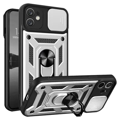A product shot of a phone case with a ring holder and camera cover.