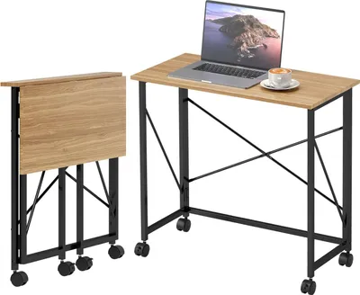 Zdjęcie produktu dla Biurko składane na kółkach, oszczędzające miejsce, stal, MDF, dąb
