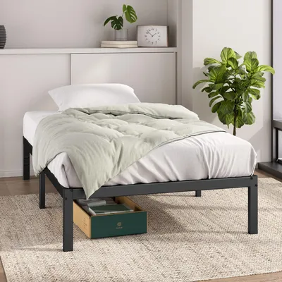 Metallbett 90x200 cm, 36 cm hoch, mit Stauraum, Plattform-Bettgestell, Schwarz