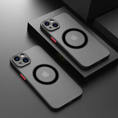 Two black iPhone cases with MagSafe rings are displayed on a dark, angled surface.