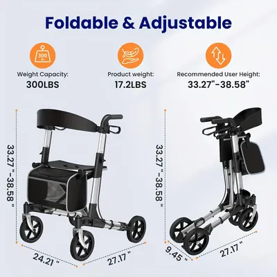 Obrázek produktu pro Choďící pomůcka - Chodítko - Vozík na chůzi - Pomůcka pro mobilitu - Chodítko s opěradlem - Skládací - Hliníková konstrukce