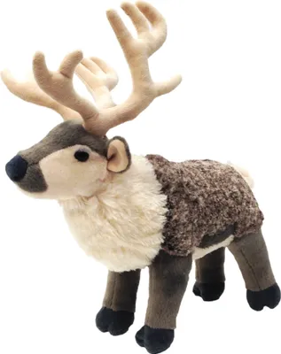 A stuffed toy reindeer on a white background.