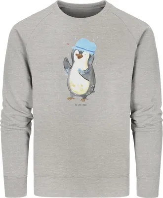 Produktbild von Mr. & Mrs. Panda Baumwoll Pullover Pinguin Duschen Größe XXL - Heather Grey - Geschenk, Singen, Duschkonzert, Pinguine, Dusche, Pulli, Bio, Sweatshirt, Sweater