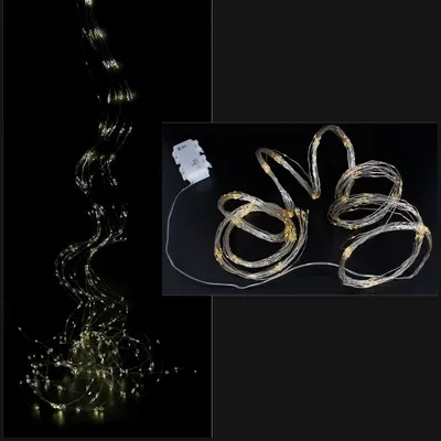 A collage of two images showing a string of LED lights with a battery pack.