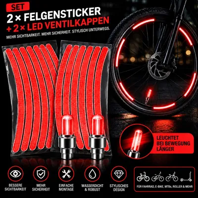 Produktbild von 2er Set rote Reflektorstreifen für Fahrrad & E-Bike – selbstklebende reflektierende Felgenaufkleber Fahrrad Reflektor Sticker für bessere Sichtbarkeit