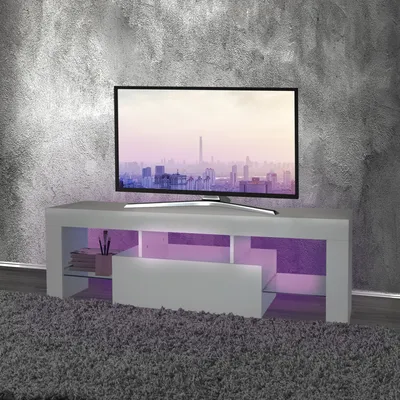 Produktbild von Dřevěný TV stolek ML-Design s LED osvětlením a skleněnou policí na TV, 130x49x45 cm, bílý