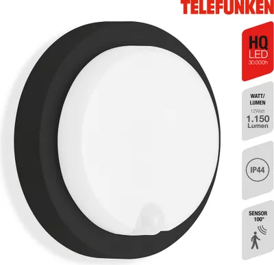 Immagine prodotto di Lampade da parete esterne a LED con sensore di movimento IP44 Ø 17 cm 12 W nere Telefunken