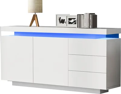 Image de OKWISH Buffet Bas LED Avec 3 Tiroirs Et 2 Portes, Meuble De Rangement Moderne Sans Poignées Pour Salon - 140×38×72 cm - Blanc