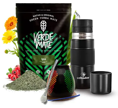 Produktbild von Verde Mate - Mate Tee Set IPA 500g - Yerba Mate Dicke Blätter 5mm - Luftgetrocknet Mild - Yerbomos X 3in1 Thermoskanne 450ml - Mate Becher 350ml