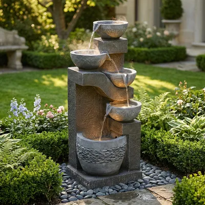Produktbild von Flieks Gartenbrunnen mit Led, Brunnen aussen, Zimmerbrunnen Zierbecken mit Wasserpumpe, Wasserspiel für Garten und Terrasse, 33.5x30.5x77.5cm, Grau