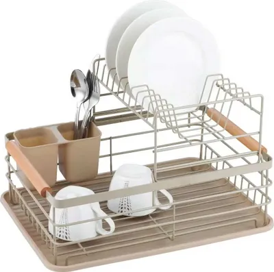 A dish drying rack with plates, cups, and cutlery.
