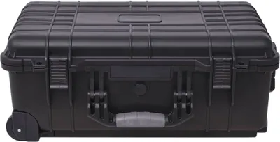 A black rolling tool case with a gray handle is shown against a white background.
