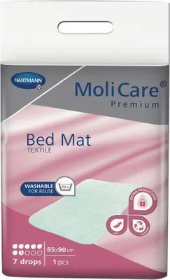 The image shows the packaging of a Molicare Premium Bed Mat Textile.