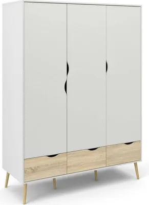Produktbild von Kleiderschrank 3 Türen Emmanuelle, Schlafzimmermöbel, Schrank, Garderobe, 147x58 h200 cm, Weiß und Eiche