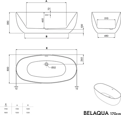 Produktbild von Freistehende Badewanne BELAQUA - Acryl - Weiß glänzend - 170 x 80 x 58 cm