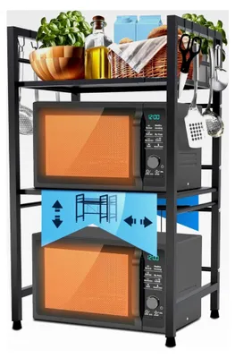 Produktbild von Mikrowellenregal Marana stehend stufig I Variabel in der Breite I Ideal für die Küchenarbeitsplatte I Mit 8 Haken und ausziehbar, Farbe: schwarz, Größe: 3-stufig