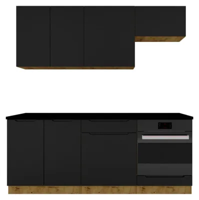 Produktbild von Küchenzeile 200 cm Schwarz Matt - mit schwarzer Arbeitsplatte - MDF - moderne Küchenmöbel-Set - Schubladen mit Soft-Close - ISABEL