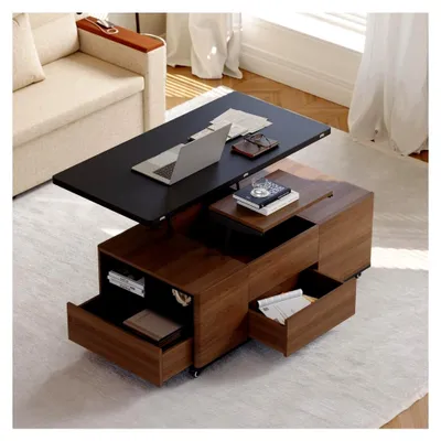 Produktbild von Höhenverstellbarer Couchtisch mit Hebeplatte und 3 Schubladen, 60 x 120 x (47-66) cm (Schwarz & Walnuss)