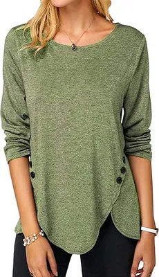 Produktbild von ASKSA Damen Langarm T-Shirt Rundhals Einfarbig Langarmshirt Lose Tunika Bluse Oberteile, Grün, M