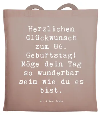 Produktbild von Mr. & Mrs. Panda Tote Bag Spruch 86. Geburtstag - Braun Pastell - Geschenk, Geburtstagsgeschenk, Glückwünsche, Happy Birthday, Herzlichen Glückwunsch, Jutebeutel, Beutel