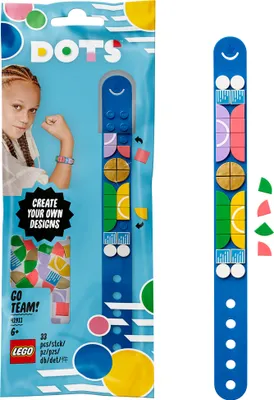 A LEGO DOTS Retro Armband packaging with a bracelet and loose pieces shown.