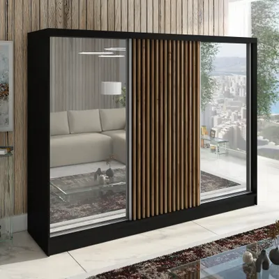 A modern wardrobe with mirrored doors and wooden slats, reflecting a living room interior and a city view.