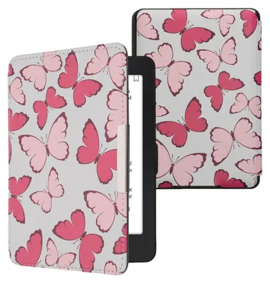 Produktbild von kwmobile Schutzhülle für Amazon Kindle Paperwhite Hülle - eReader Flip Case mit Auto Sleep Funktion - Rosa Schmetterlinge mit Rosa Violett