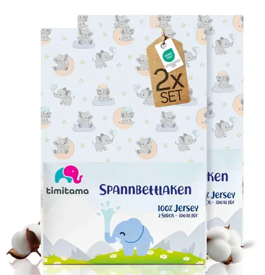 Produktbild von timitama Jersey Spannbettlaken 2er Set Baby Kinder 100% Baumwolle 60x120 & 70x140 cm Rundumgummi