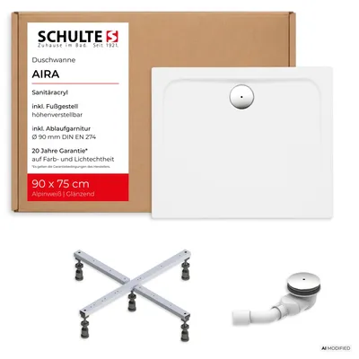 Produktbild von Schulte Duschwanne Aira, 90x75 cm, Komplettset inkl. Fußgestell und Ablauf, Acryl