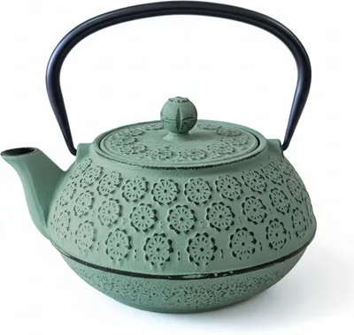 A green cast iron teapot with a black handle is shown against a white background.