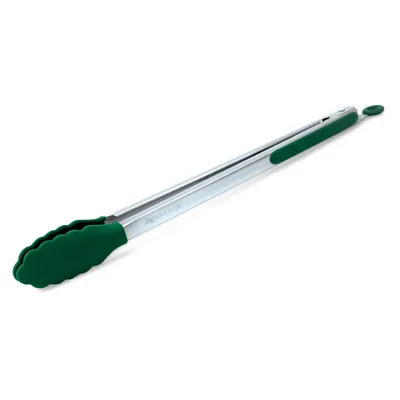 A pair of kitchen tongs with green silicone tips and handles, lying on a white background.
