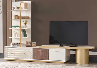 Zdjęcie produktu dla Elegancki mebel pod telewizor z półkami i szufladami ze złotymi akcentami