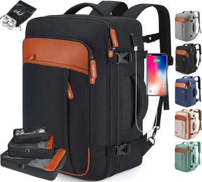 Image de Sac à dos de voyage, sac cabine (noir), 42L, conforme aux réglementations aériennes, sac à dos de voyage extensible, sac cabine, grand sac à dos de jour avec 4 organisateurs de rangement