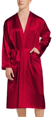 Obrázek produktu pro Saténový župan pro muže, kimono, dlouhý župan, lehká hedvábná noční košile, pánské pyžamo s páskem, velikosti S-XXL