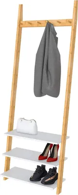Produktbild von Garderobe Garderobenständer Kleiderständer Schuhregal Holz mit 3 schuhablagen 6 Garderobenhaken aus Bambus, 63x45x175cm (LBH)