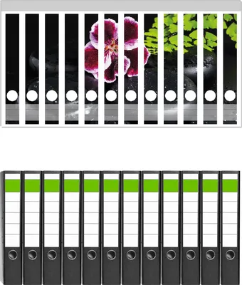 Produktbild von Wallario 12 Stück schmale Ordner inkl. Klebeetiketten mit Motive Geranienblüte auf schwarzen Steinen, benetzt mit Wassertropfen -  Set mit Rückenschildern / Ordnerrücken Stickern