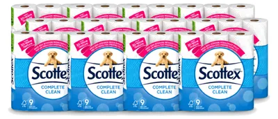 Imagen del producto de 12 rollos de papel higiénico Scottex Complete Clean, de doble capa, pack económico - 12 unidades