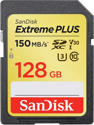 Produktbild von SanDisk Extreme PLUS, 128 GB, SDXC, Klasse 3, UHS-I, 150 MB/s, 70 MB/s