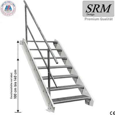 Obrázek produktu pro 7 stupňů ocelového schodiště bílé Šířka 100 cm Výška podlaží 100 - 140 cm 1x zábradlí