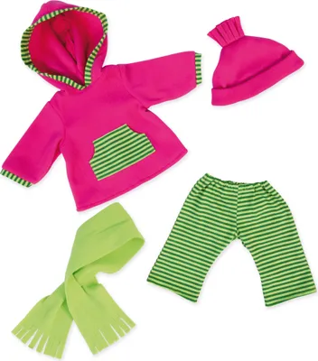 Produktbild von Bayer Design 84664AA Puppenkleidung für 40-46cm Puppen, Hose, Oberteil, Mütze, Schal, Puppenzubehör, Set, Outfit Winter, rosa, grün