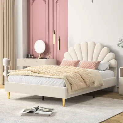 Obrázek produktu pro Postel pro dvě osoby, rozměry 140x200 cm, potažená béžovým sametem, s čalouněnou čelenkou a roštovou základnou