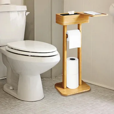 Obrázek produktu pro Omgoods - Volně stojící držák toaletního papíru s úložnou policí - design z bambusu, 4 v 1