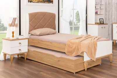 Productafbeelding van Beige, uitschuifbaar kinderbed. Luxe slaapkamerbed. Houten meubels