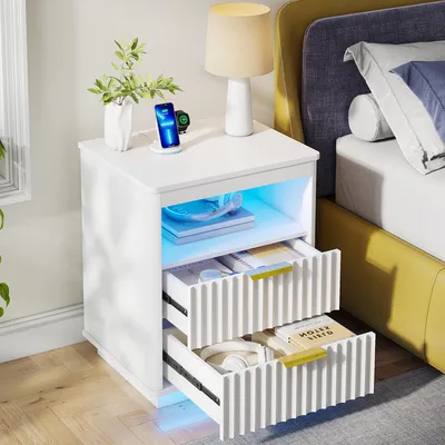 Produktbild von LVSOMT Moderner weißer LED Nachttisch für das Schlafzimmer, mit praktischer Ladefunktion und 2 geräumigen Schubladen, Stilvoller Nachtschrank mit Bele