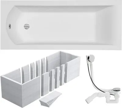 Produktbild von VBChome Badewanne 140x70 cm Acryl SET 3in1 Wannenträger Siphon Wanne Rechteck Weiß Design Modern Styroporträger Ablaufgarnitur in Chrom Viega Simplex